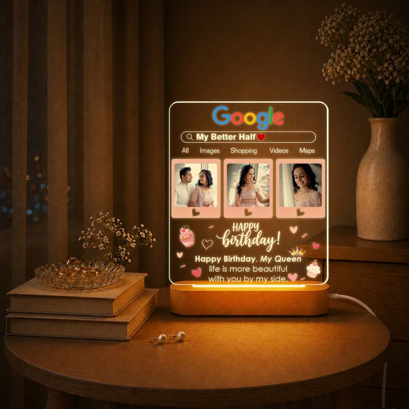 Personalized Google Page Theme Birthday Gift for Wife, Soulmate, Fiancée & Better Half – Warm Light Bedside Table Lamp with Wooden Stand Anniversary, Birthday & Valentine’s Day Gift